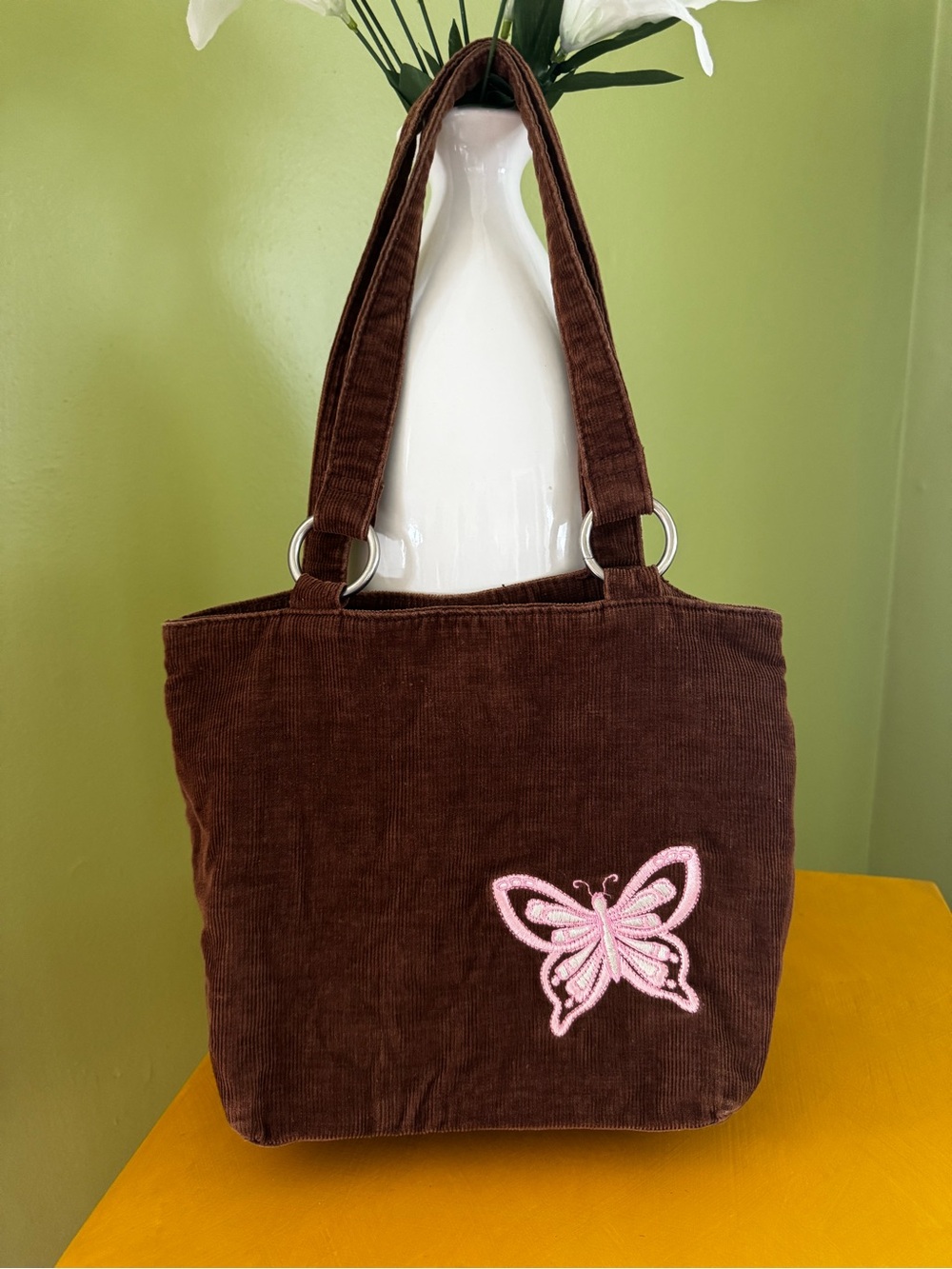Brown Corduroy Small Tote Bag Purse Pink Butterfly Embroidered Metal Rings Retro